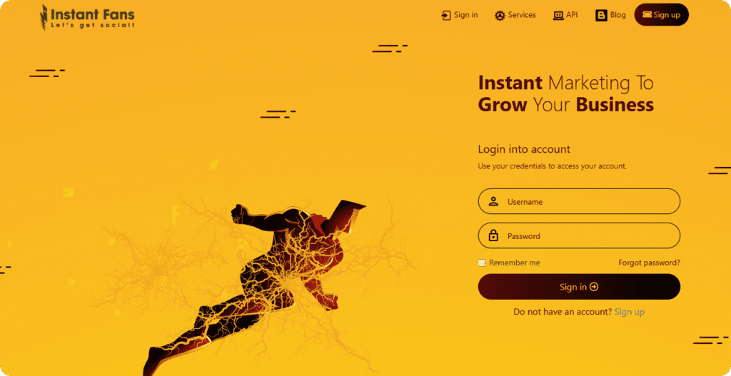 InstantFans login page with sign‑in form (username, password, remember me, forgot password) and tagline “Instant Marketing To Grow Your Business”.