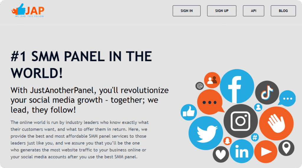 JustAnotherPanel (JAP) homepage claiming “#1 SMM PANEL IN THE WORLD!” with sign‑in, sign‑up, API, blog links.