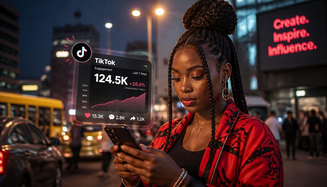 A young Nigerian creator in Lagos monitoring engagement growth on a smartphone with bold crimson red branding accents.