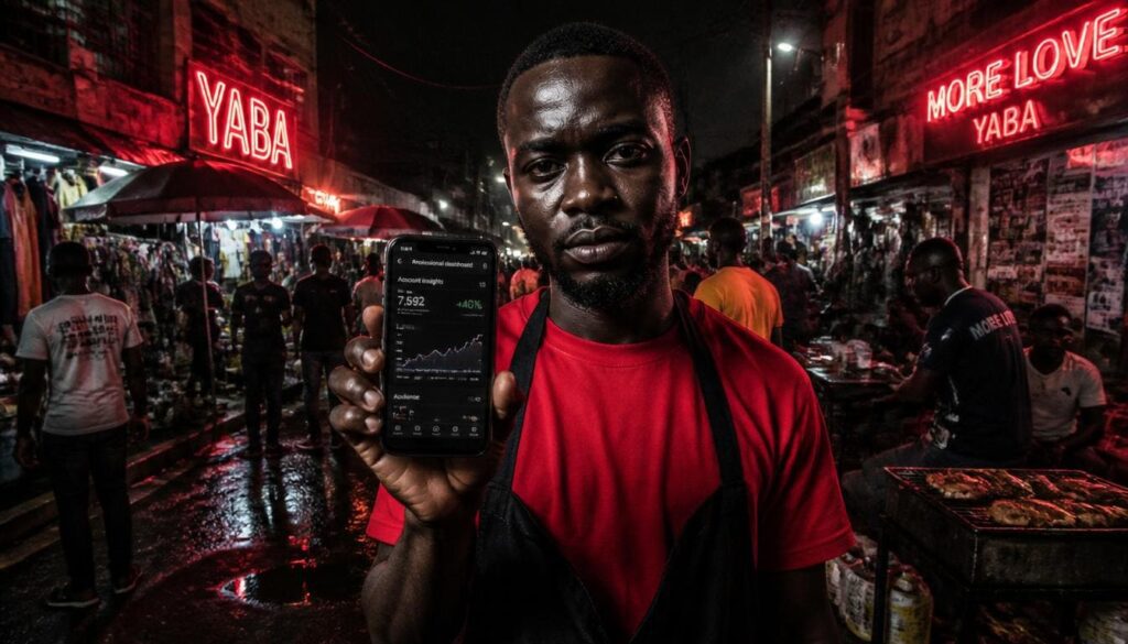 Young Nigerian shop owner analyzing social media trends on a phone amidst the bustling Yaba market street scene.