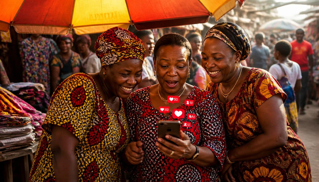 A Nigerian market woman smiling at her phone while selling colorful fabrics at Balogun market stalls.