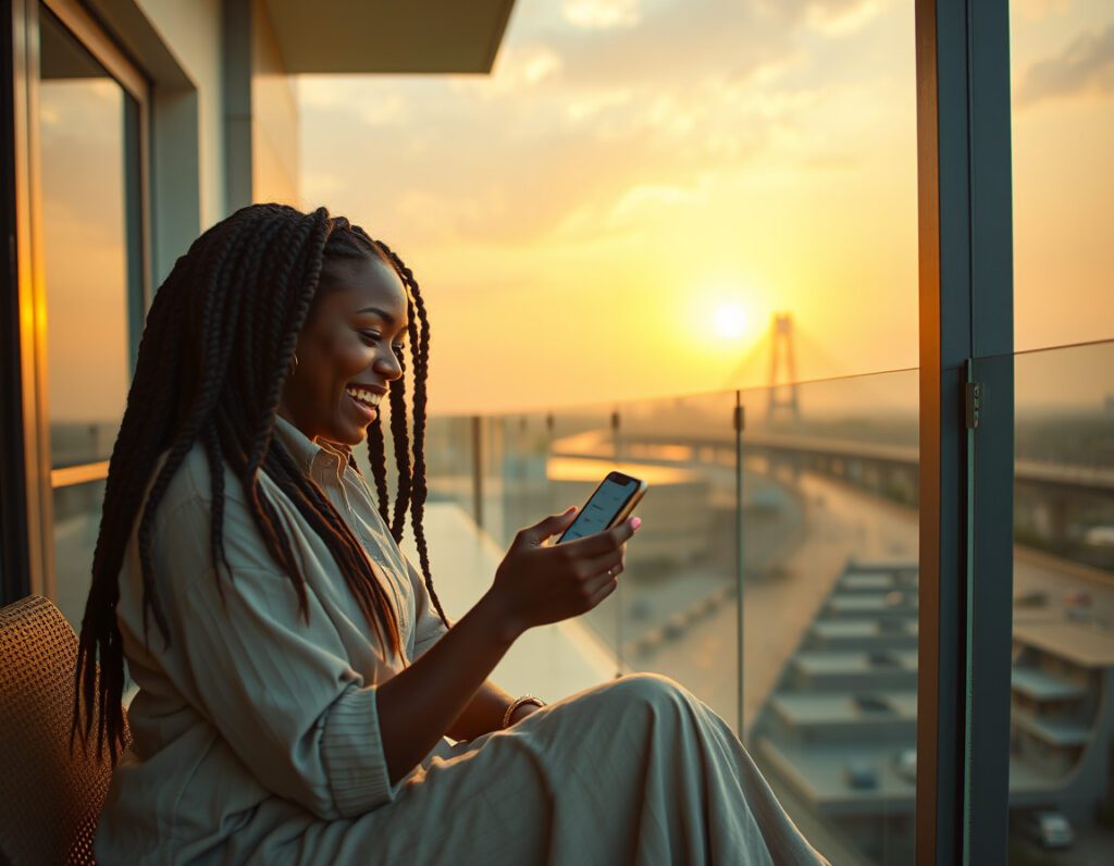 A customer in a stylish Lekki apartment showing her friend a product post with dozens of inquiries and reviews.