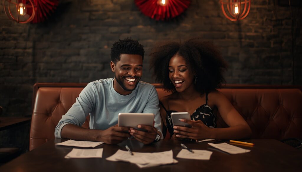 Two Nigerian creators shaking hands during a successful collaborative social media post session in a vibrant local cafe.
