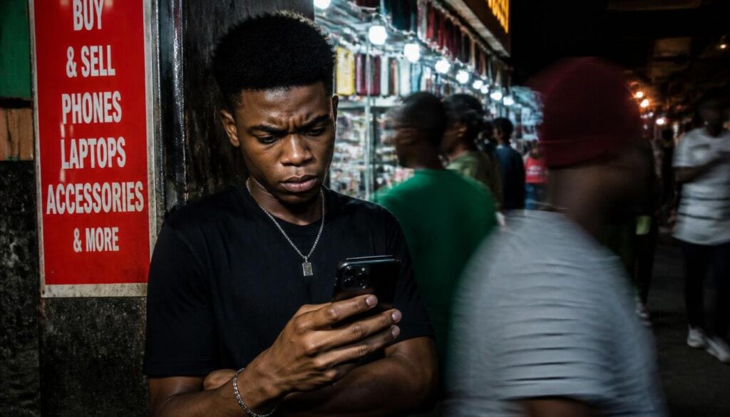 Young Nigerian entrepreneur checking Instagram metrics in a busy Lagos market with focused, serious expression.