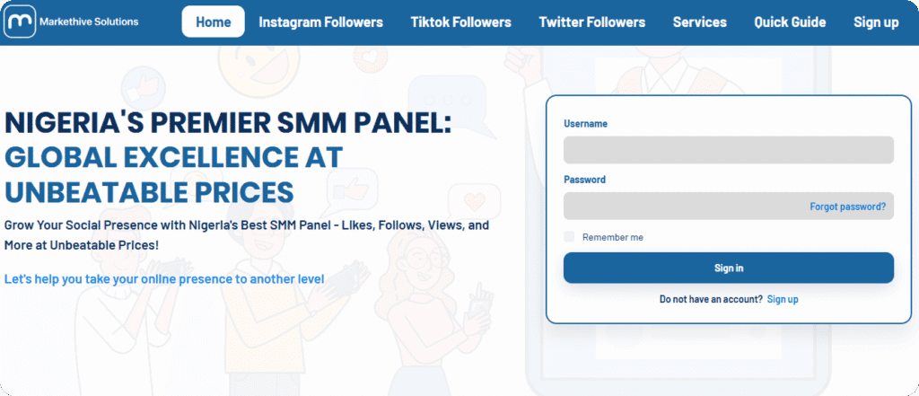 MarkethiveSMM login page with tagline “NIGERIA'S PREMIER SMM PANEL: GLOBAL EXCELLENCE AT UNBEATABLE PRICES” and sign‑in form.