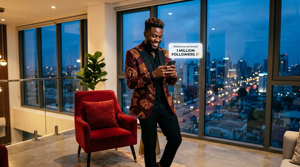 Successful Nigerian entrepreneur celebrating milestone engagement results in a modern studio space with crimson red interior accents.