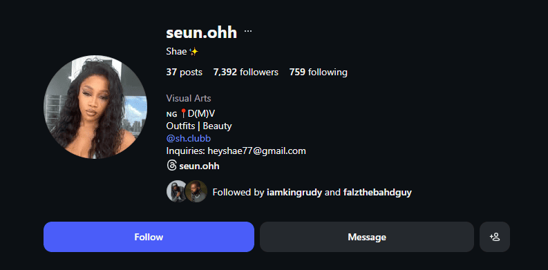 Instagram profile of seun.ohh (Shae) with 7,392 followers, 37 posts, 759 following, visual arts and beauty niche, contact email.