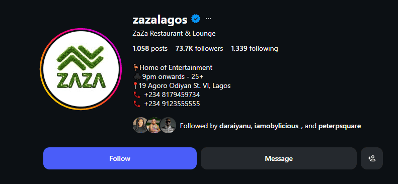 Instagram business profile of zazalagos (ZaZa Restaurant & Lounge) with 73.7K followers, 1,058 posts, location in VI Lagos, contact numbers.