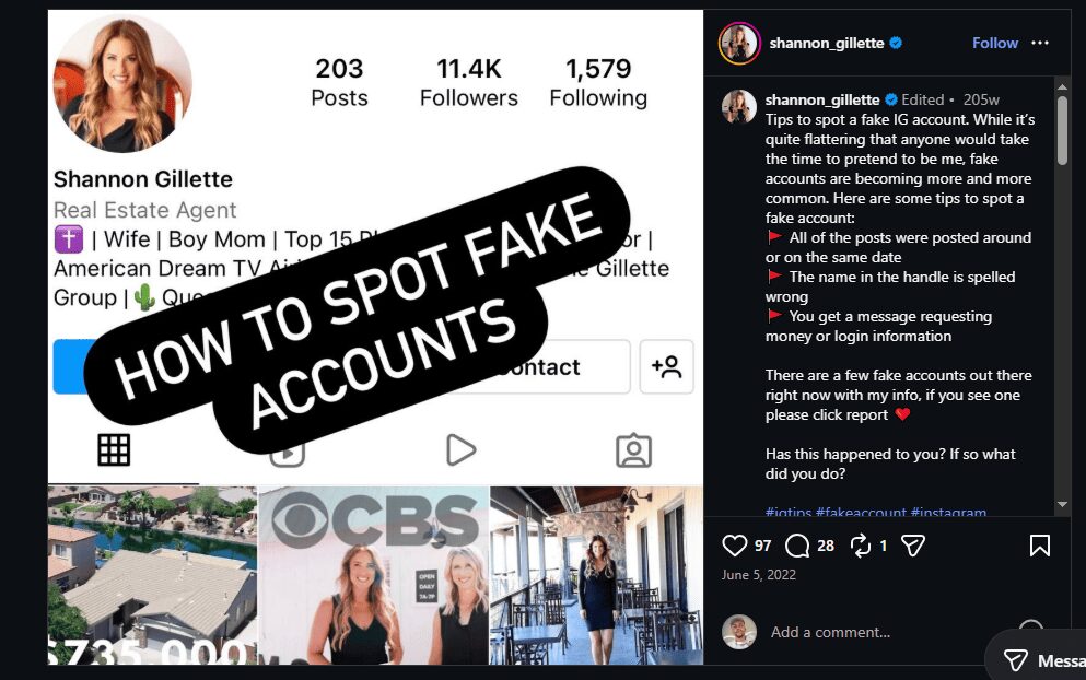Post by shannon_gillette listing tips to spot fake accounts: posts all on same date, misspelled handle, requests for money or login info.