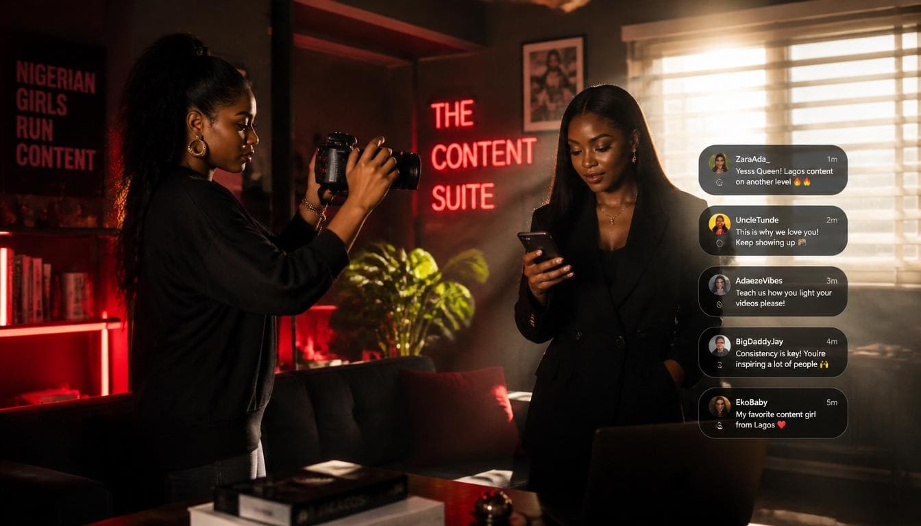 Young Nigerian influencer using smartphone in a dark, crimson-lit modern studio setting with a clean white outfit.