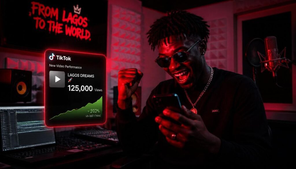 A budding Lagos musician using strategic SMM tools to boost their new single and reach a wider audience.
