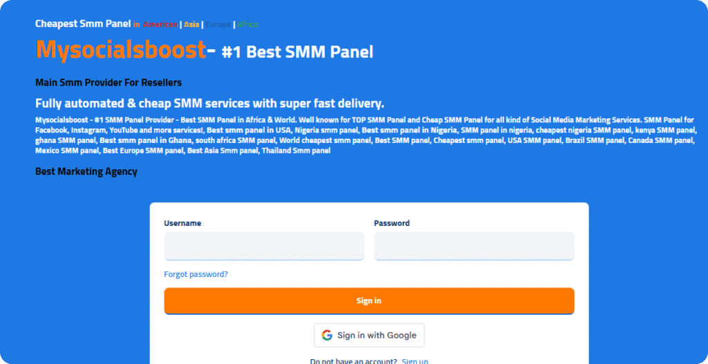 Mysocialboost login page claiming “Cheapest SMM Panel in American | Asia | Europe | Mexico” and “Best SMM Panel in Africa & World” with a long list of countries including Nigeria.