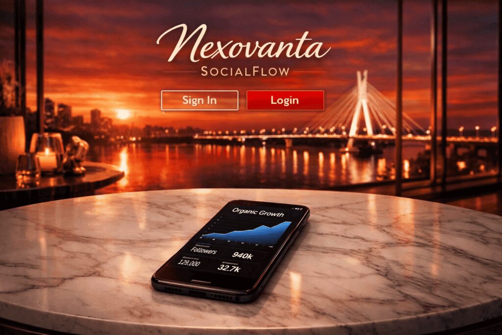 Nexovanta SocialFlow login page with tagline “Organic Growth” and metrics: Followers 940K, 128,000, 32.7K.