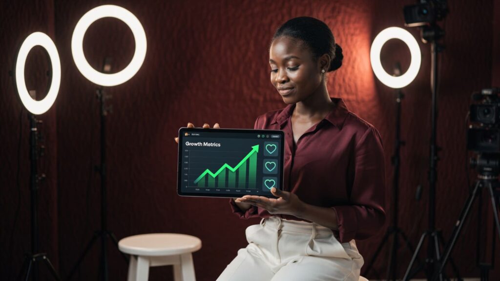 A successful Nigerian content creator reviewing authentic engagement analytics on a tablet with rising green growth arrows