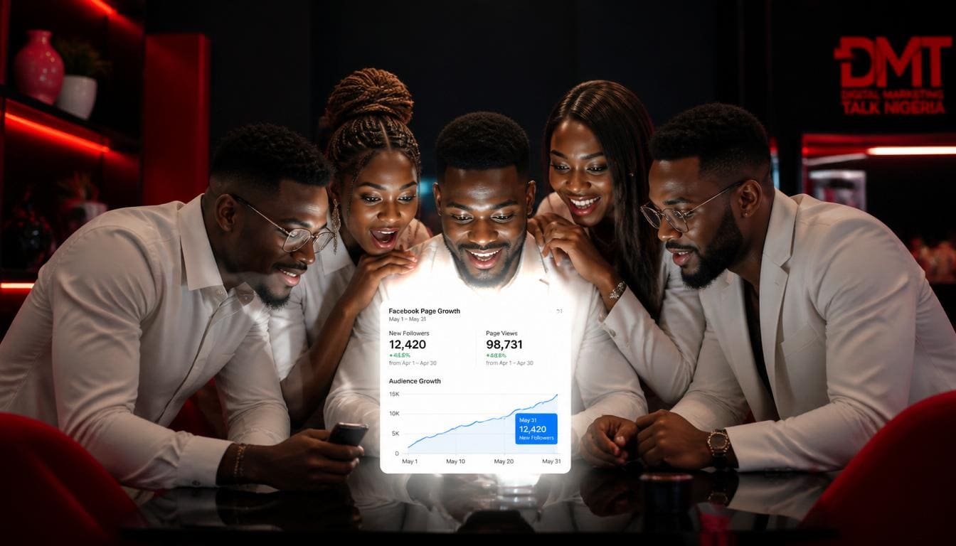 Diverse Nigerian professionals reviewing Facebook growth analytics on a smartphone screen in a modern Lagos office setting.