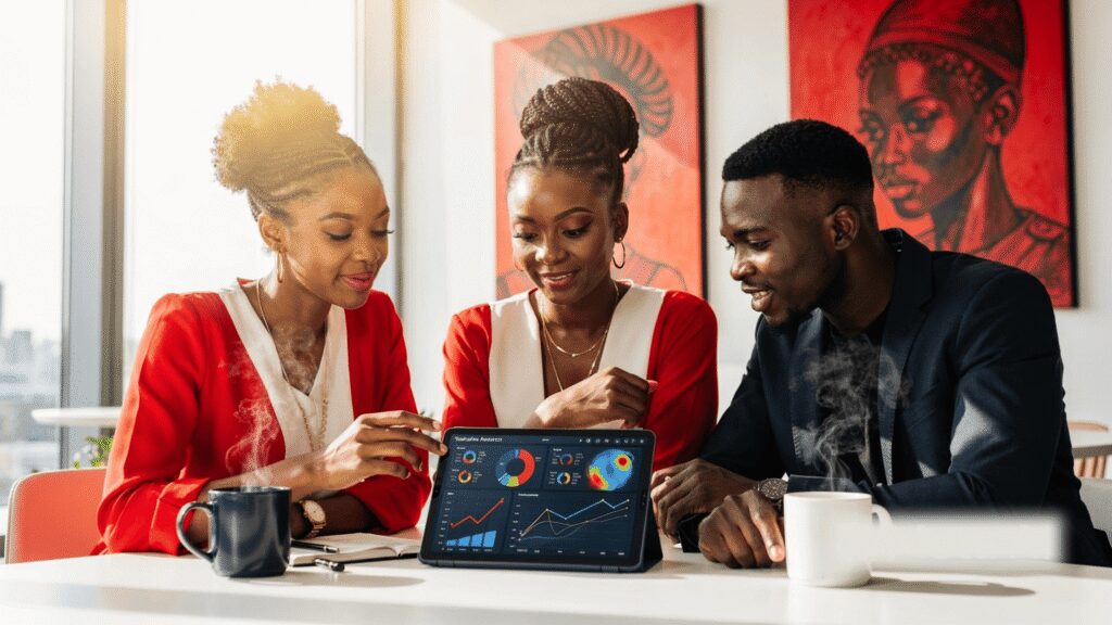 A group of young Nigerian professionals in a modern Lagos tech hub looking at rising social engagement metrics.