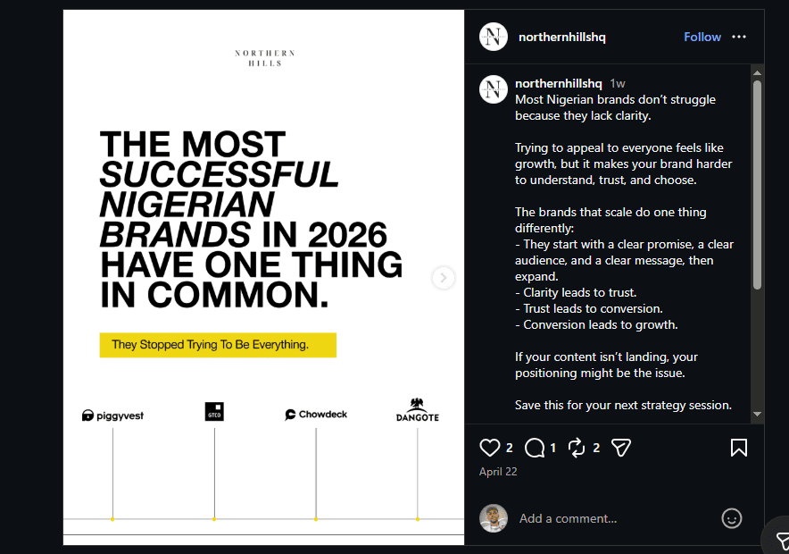 Post by northernhillshq stating successful Nigerian brands start with clear promise and audience, naming GTCO, Chowdeck, Dangote, Piggyvest
