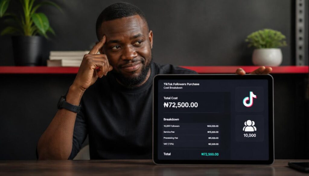 Young man calculating social media growth costs on a tablet inside a bright Nigerian business workspace with red.