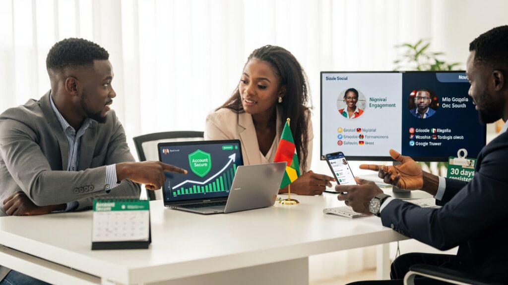 Three Nigerian creators smiling at laptop showing Sizzle Social’s secure dashboard with real follower growth and no flags.
