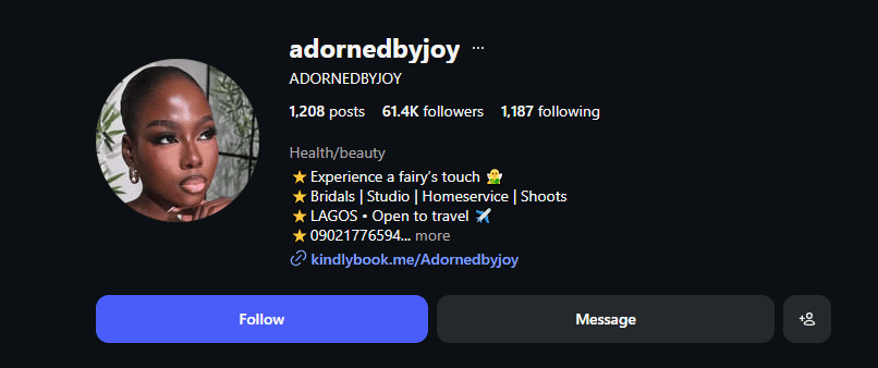 Optimized Instagram profile of adornedbyjoy showing 1,208 posts, 61.4K followers, health/beauty bio with bridal services and Lagos location.