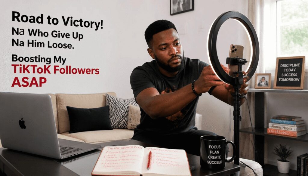 Nigerian influencer preparing content for natural TikTok follower growth.
