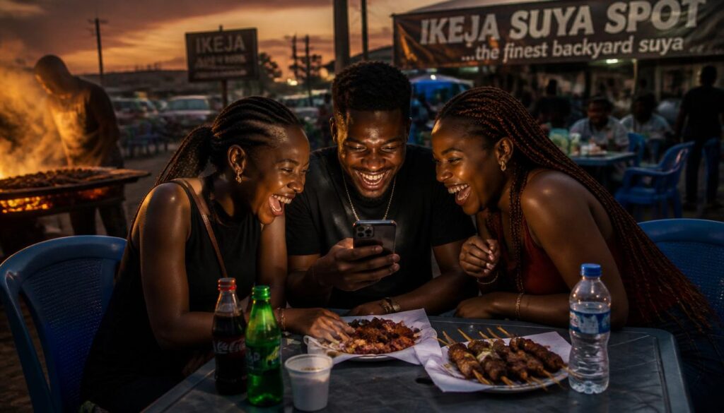 Three Nigerian friends laughing and gisting over a smartphone while eating suya at a vibrant outdoor Lagos spot.