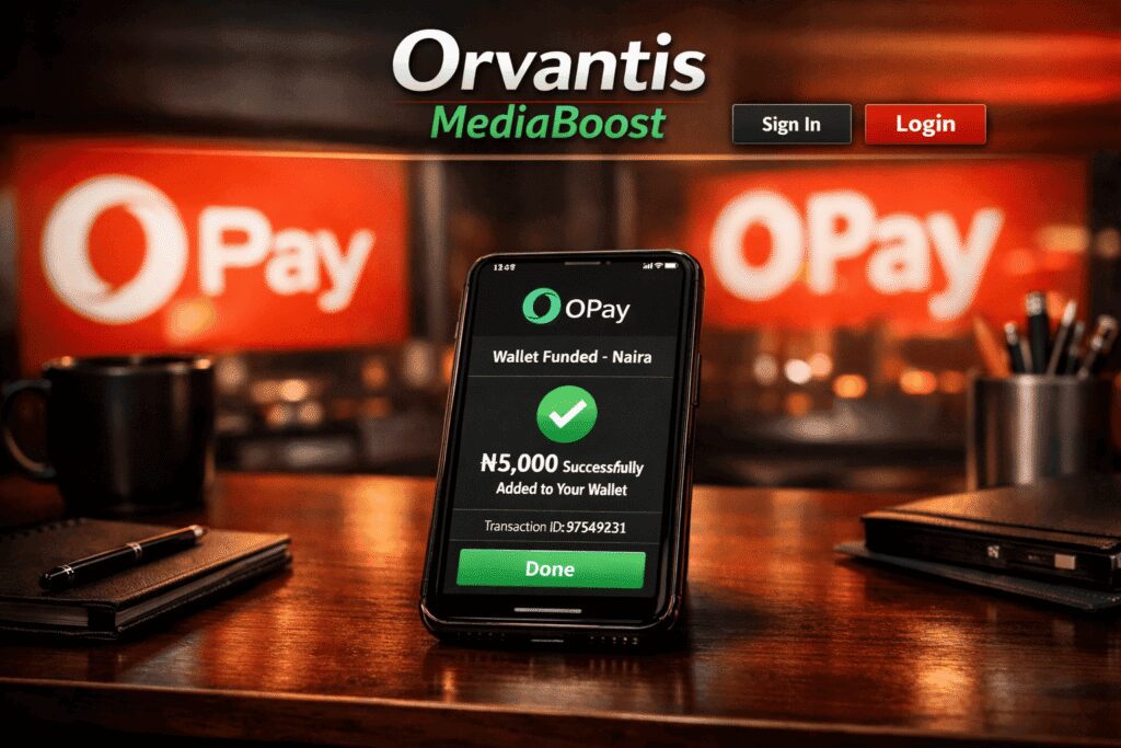 Orvantis MediaBoost payment confirmation screen showing OPay wallet funded with ₦5,000 successfully, transaction ID 97549231.