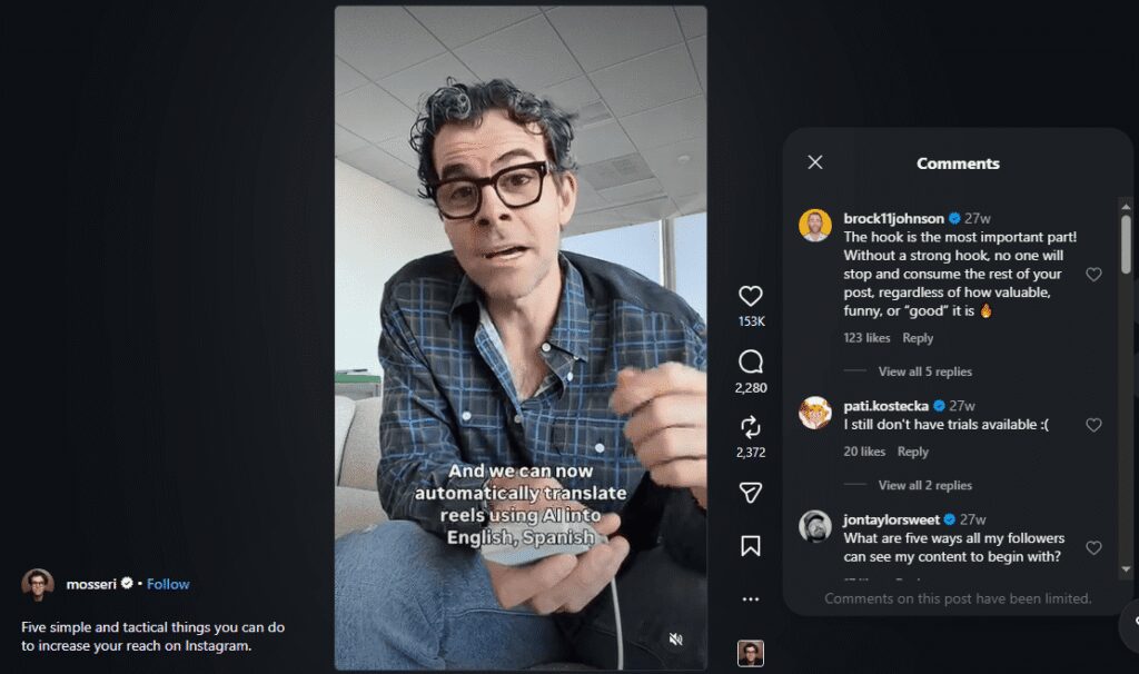 Comment section where user brock1ljohnson states “The hook is the most important part! Without a strong hook, no one will stop and consume the rest of your post” with 153K likes, plus mosseri’s post about five tactical things to increase reach.
