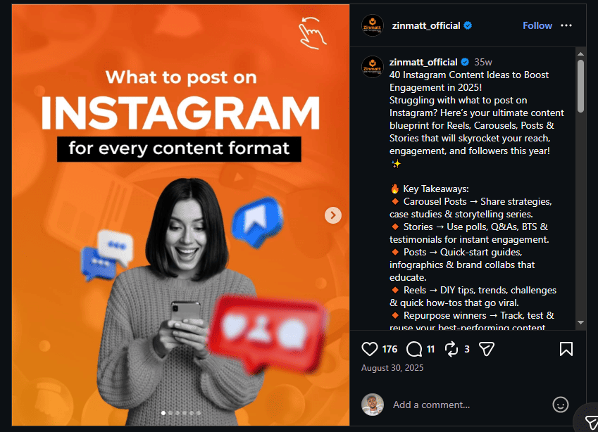 Content strategy guide by zinnatt_official titled "What to post on Instagram for every content format" with ideas for Reels, Carousels, Posts, Stories.