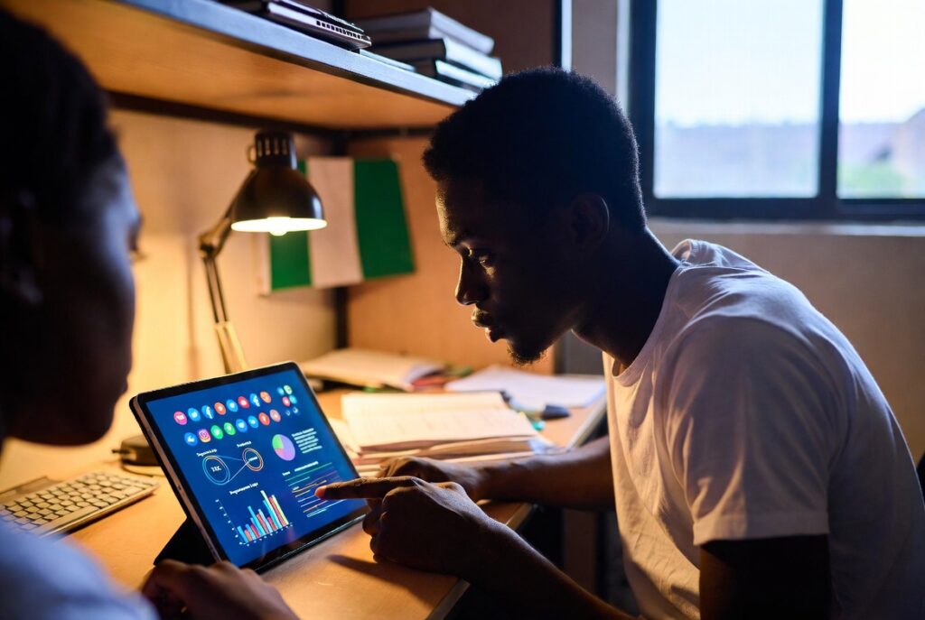 A Nigerian student in a dorm room explaining how to increase Instagram comments for Nigerians using a digital tablet.