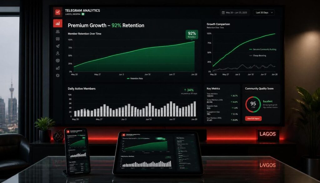 Analytics dashboard showing active Telegram members and engagement metrics