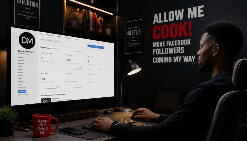 A Nigerian entrepreneur optimizing their Facebook page profile and banner on a sleek laptop with a clean background.