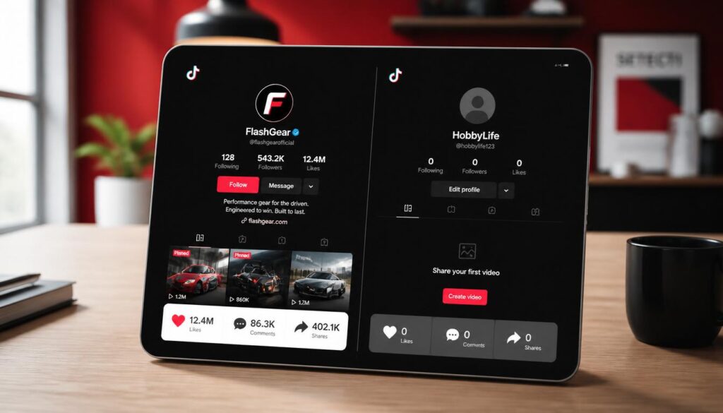 A side-by-side comparison on a tablet screen showing an established professional TikTok profile versus an empty TikTok hobbyist page in a bright workspace