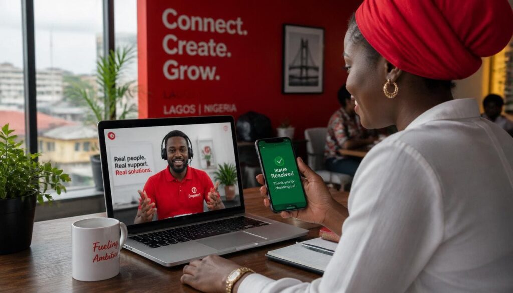 A friendly support representative on a laptop screen chatting with a creator to resolve service questions
