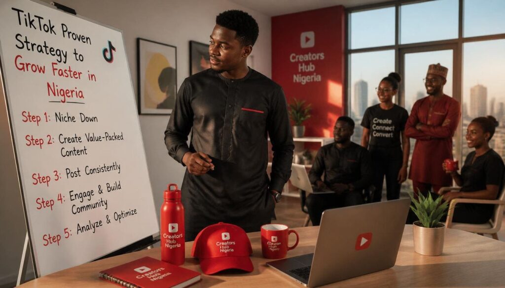 Motivated Nigerian influencer reviewing successful TikTok growth strategies on a smartphone in Lagos.