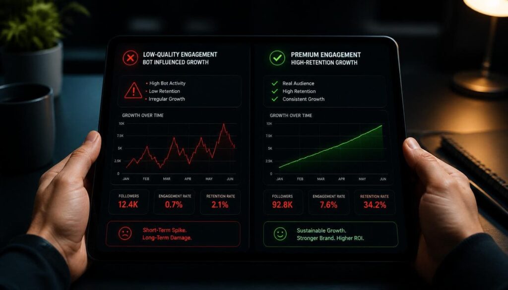 A split-screen comparison showing low-quality engagement versus premium growth services for a Nigerian TikTok account profile.