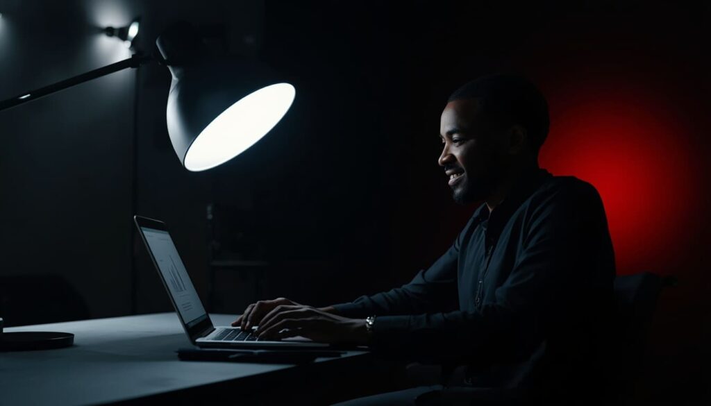 Professional Nigerian boutique owner analyzing data on a laptop in a clean, dark modern studio environment.