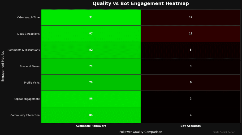 A heat map visualization comparing engagement levels between high-quality authentic follower profiles and low-quality automated bot accounts on a digital dashboard