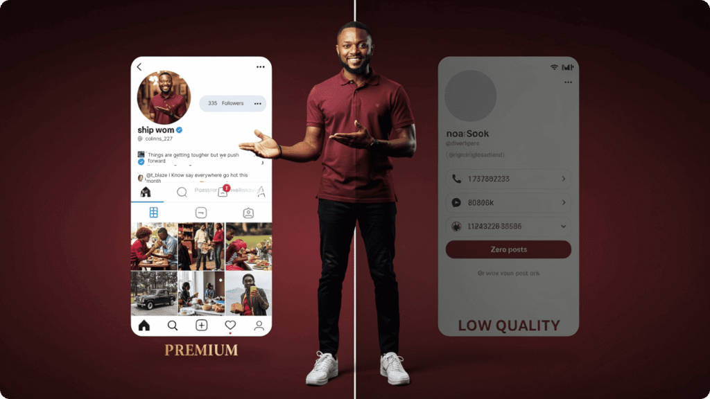 A split-screen visual showing a high-quality Instagram profile vs a bot profile with no avatar.