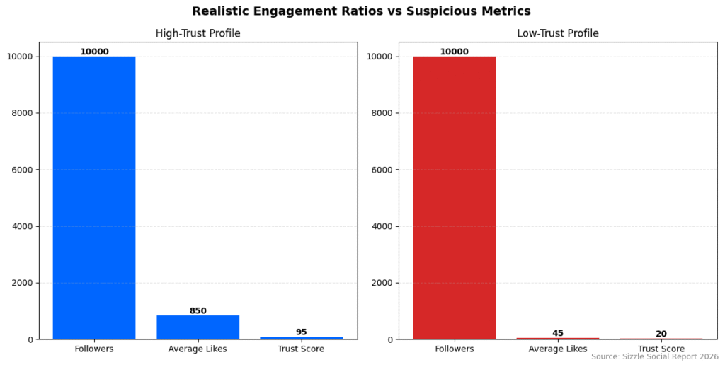 Comparison table of high-trust vs. low-trust profiles both with 10,000 followers: high-trust has 850 likes (95 trust score), low-trust 45 likes (20 trust score).