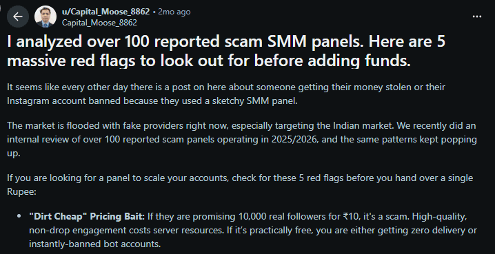 Reddit post by Capital_Moose_8862 listing red flags: dirt cheap pricing bait (e.g., 10,000 followers for ₹10), promising unrealistic engagement.
