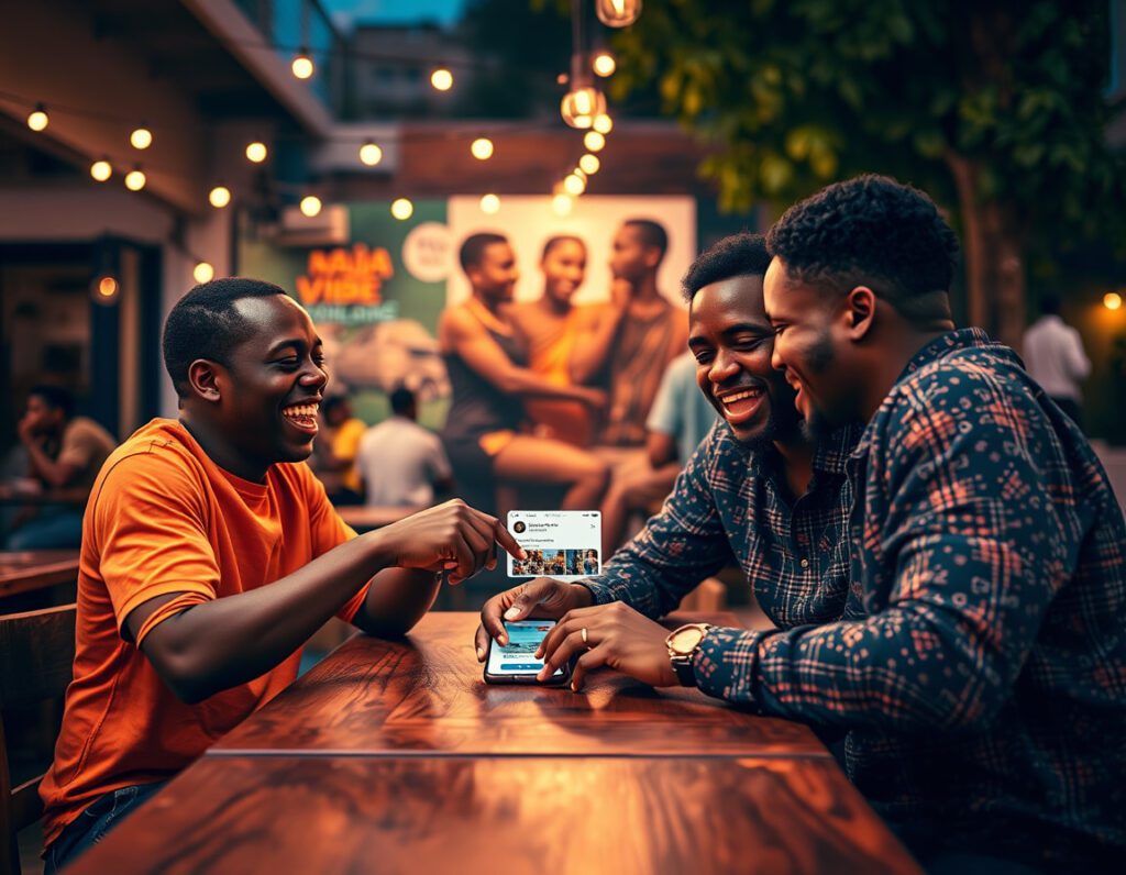 Two young Nigerians at a Lagos "suya" spot laughing while looking at authentic, slang-filled comments on a viral post.