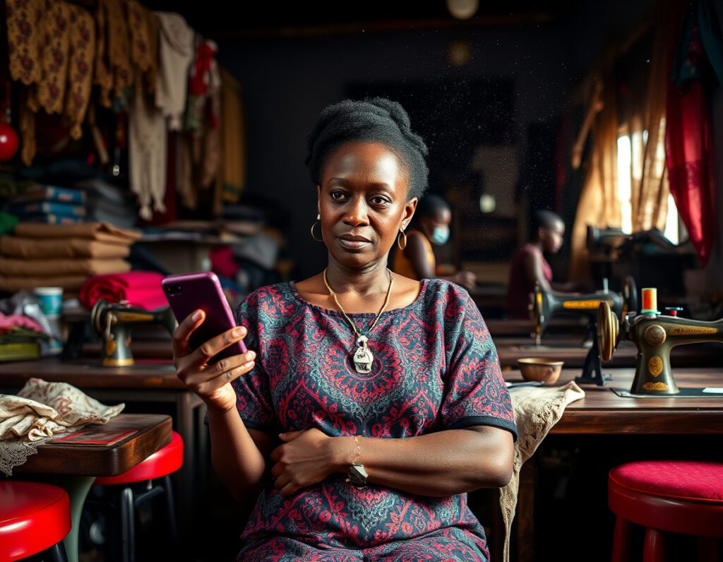 An Aba-based fashion designer looking skeptically at her phone screen while surrounded by sewing machines and textiles.