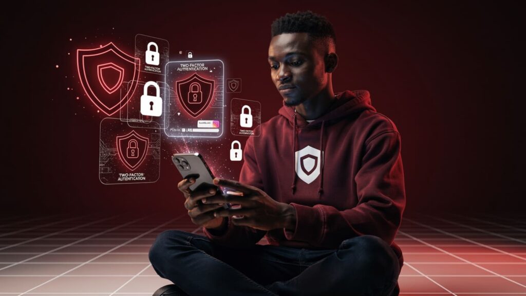 Security shield icon over a smartphone displaying a protected Instagram login screen without password prompts.