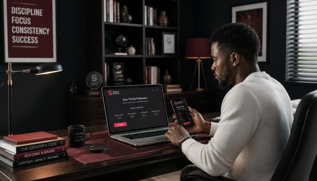 A focused Nigerian professional planning social media growth on a laptop in a well-lit dark and white office.