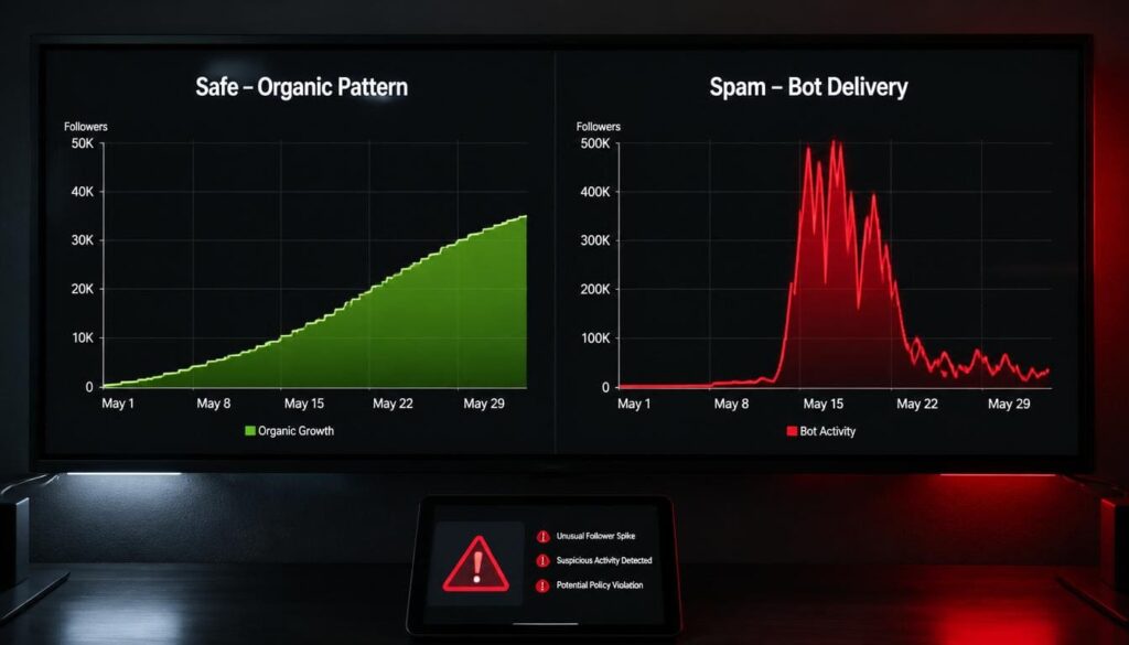 A side by side comparison showing a smooth, steady growth curve against a jagged, erratic vertical spike.