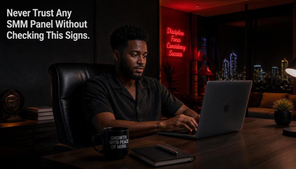 Confident Nigerian influencer sitting at a desk with crimson red ambient lighting checking growth analytics safely.