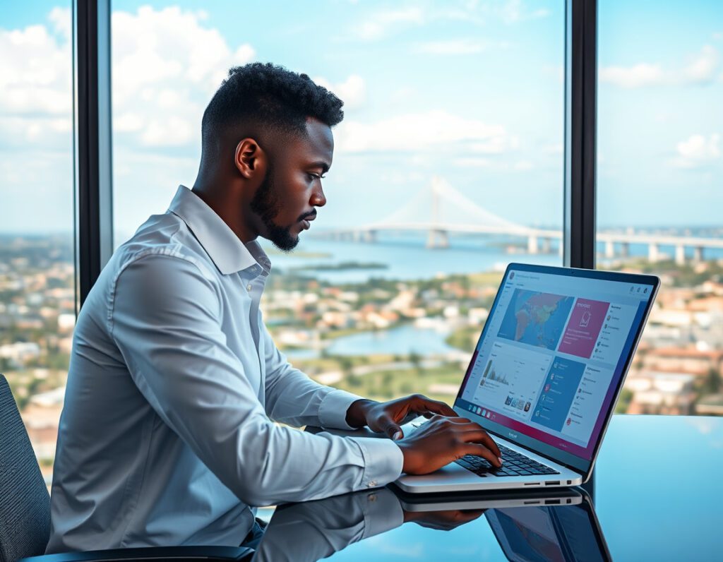 A young tech professional in a Lekki office confidently navigating a Nigerian SMM panel for Instagram comments on a laptop.