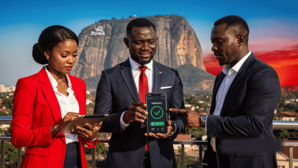 A verified business owner in Abuja confidently checking a transparent growth dashboard on a high-end mobile device.