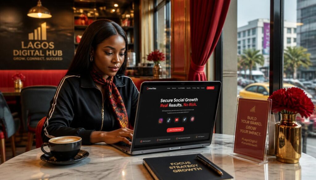 Confident woman choosing secure social media growth services on her laptop in a professional Lagos workspace environment.